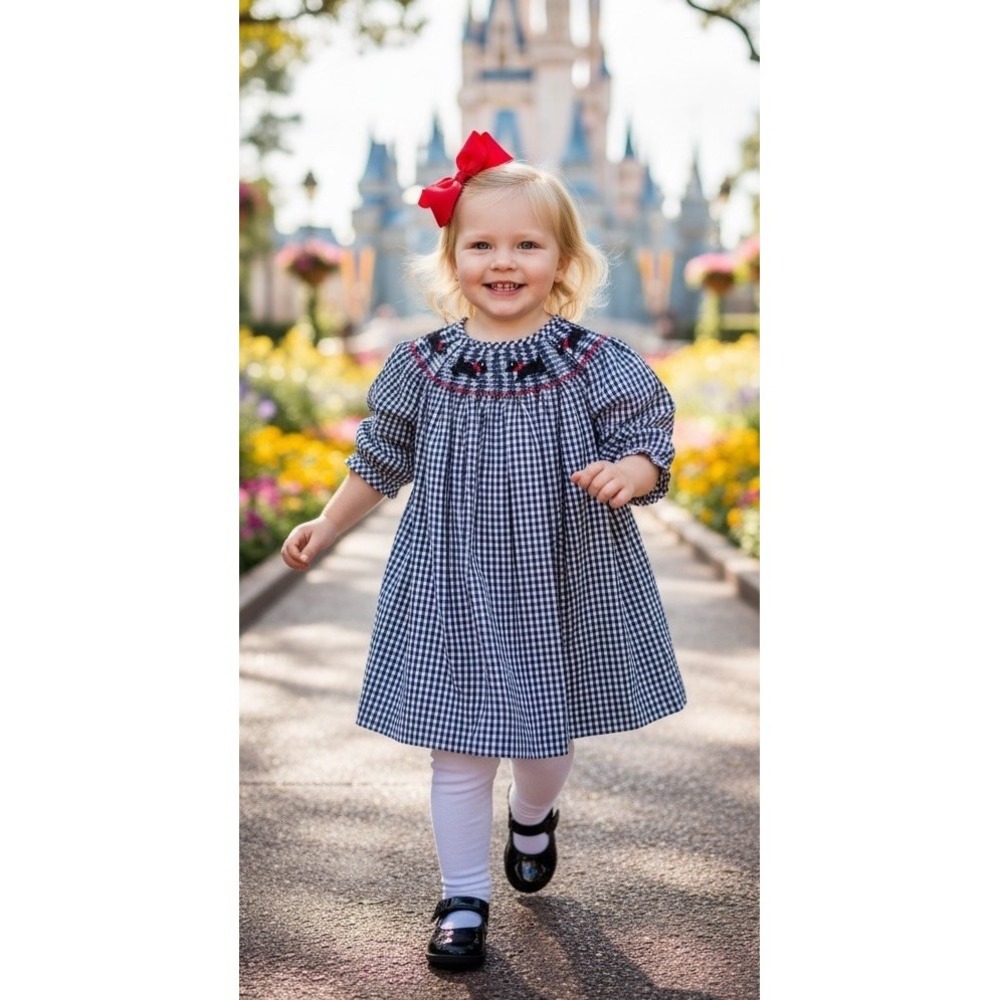 Anavin‎ Smocked Smocking Bishop Dress Navy Gingham Girls 2 2T Spring Summer Dogs